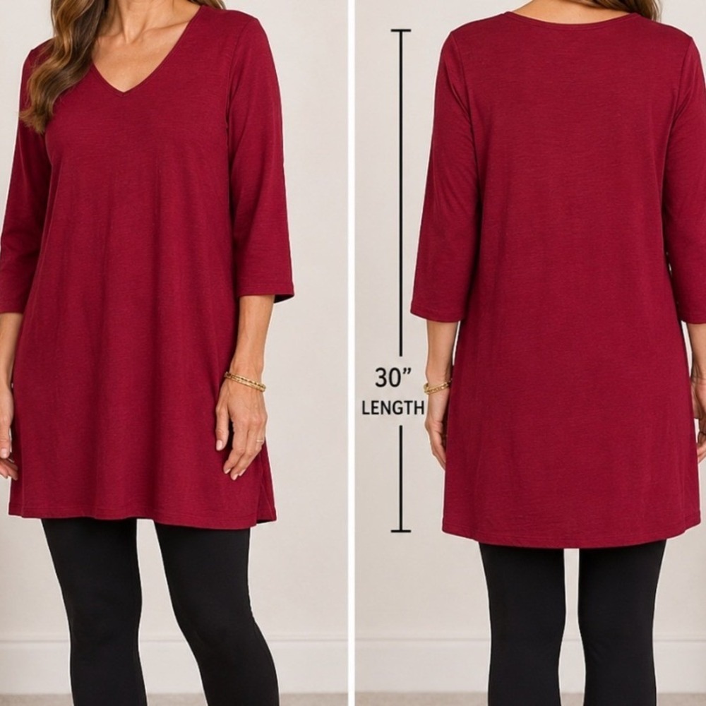 Indigenous Organic Pima Cotton Tunic Top Womens Small Red 3/4 Sleeve Casual